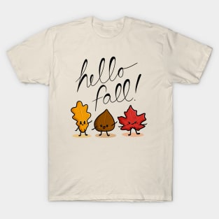 "Hello Fall" Three Cute Kawaii Autumn Leaves T-Shirt